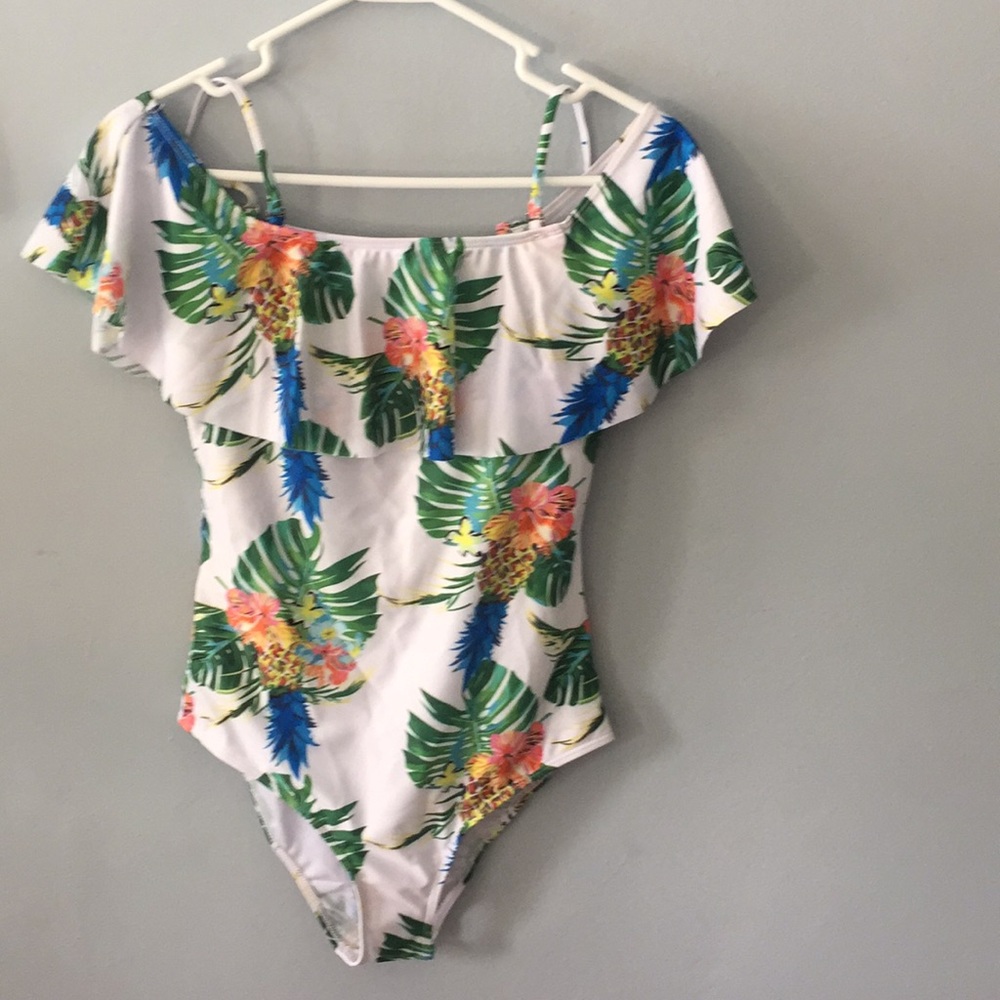 Palm flowers pineapple prints white one piece.